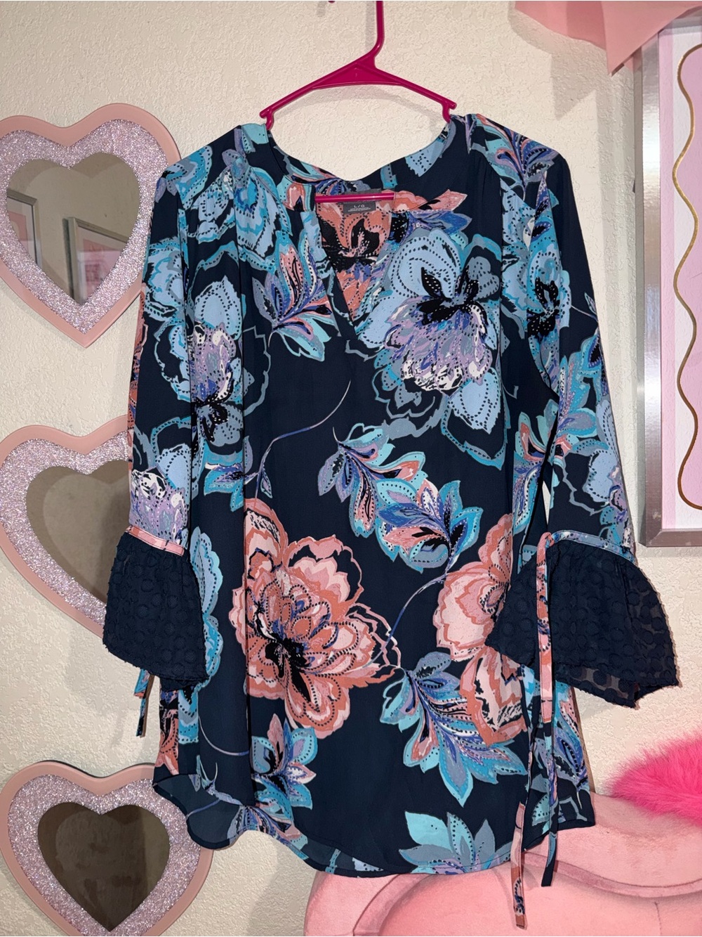 Van Heusen Navy Floral Blouse with Coral and Teal Accents